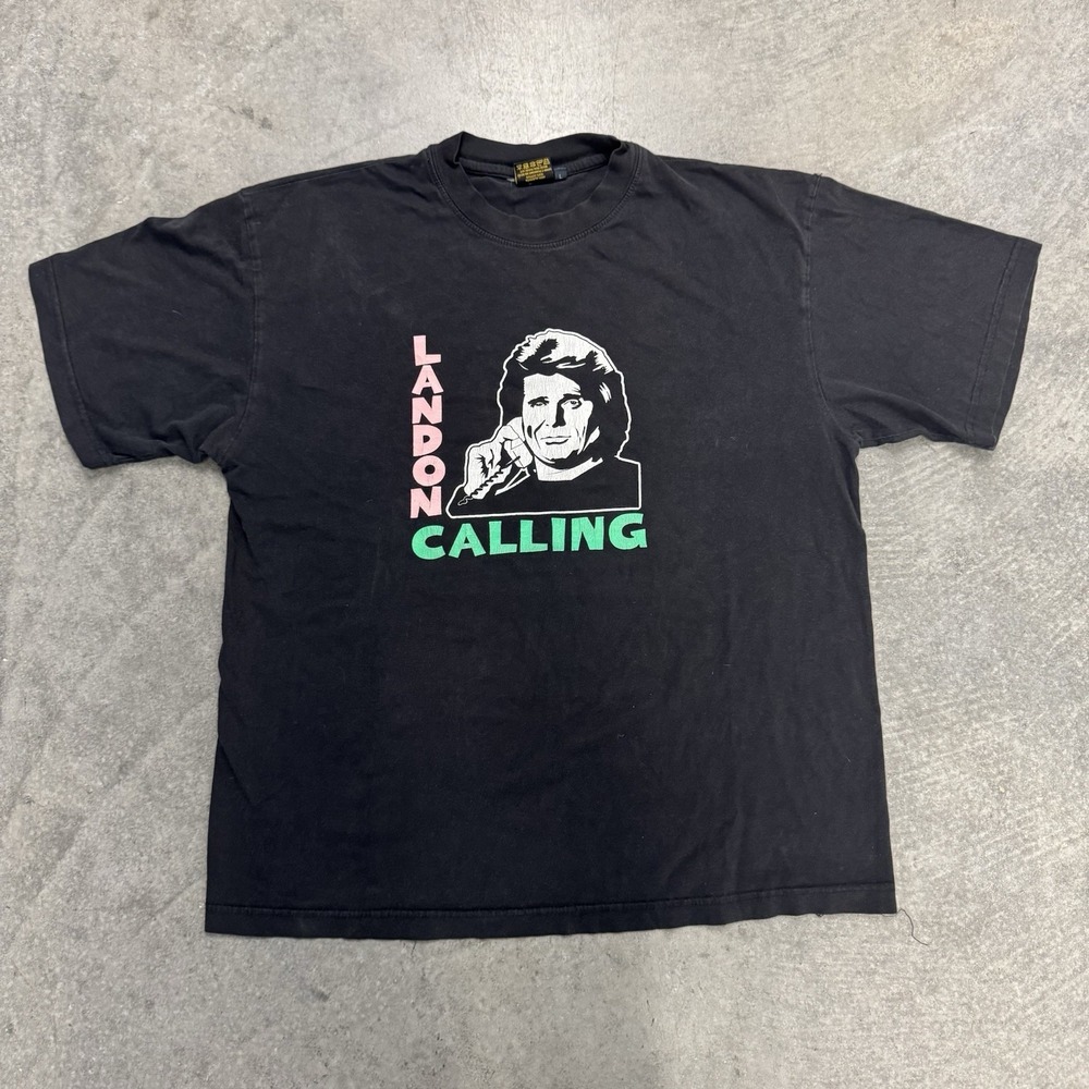Vintage London Calling Parody T-Shirt Landon Black Short Sleeve Le Trip Large
